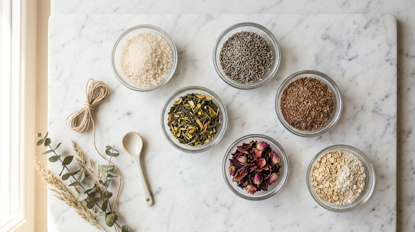 Glass bowls of botanical ingredients on marble — ingredient transparency editorial