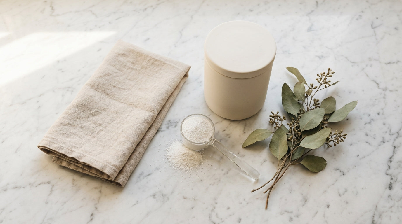 Minimal laundry powder scoop and container on marble surface with linen and eucalyptus sprigs
