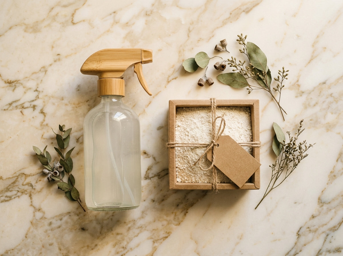 Editorial flat lay of a glass spray bottle and kraft box of laundry powder with dried botanical greenery on warm marble