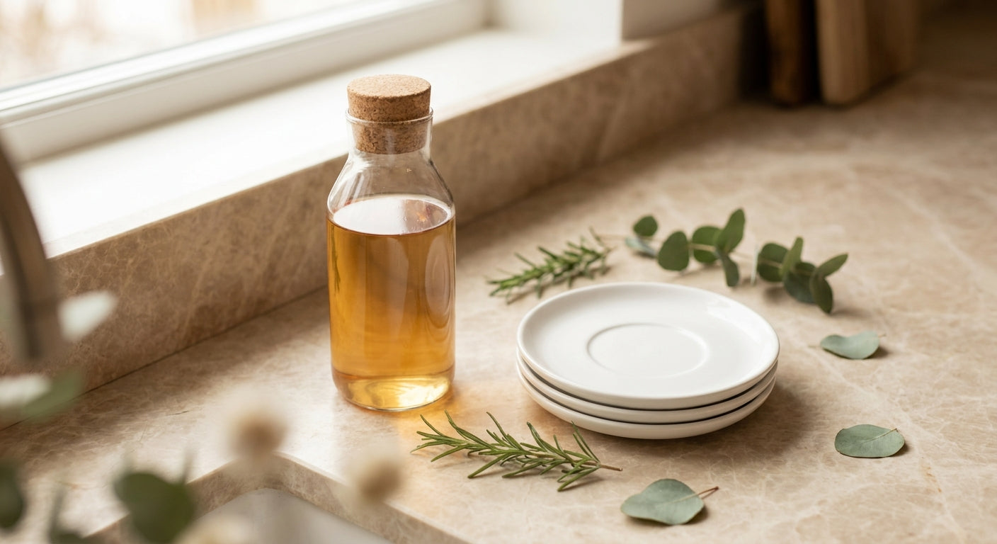 Editorial flat lay of a minimal dish soap bottle and white ceramic plates on warm marble with fresh herbs