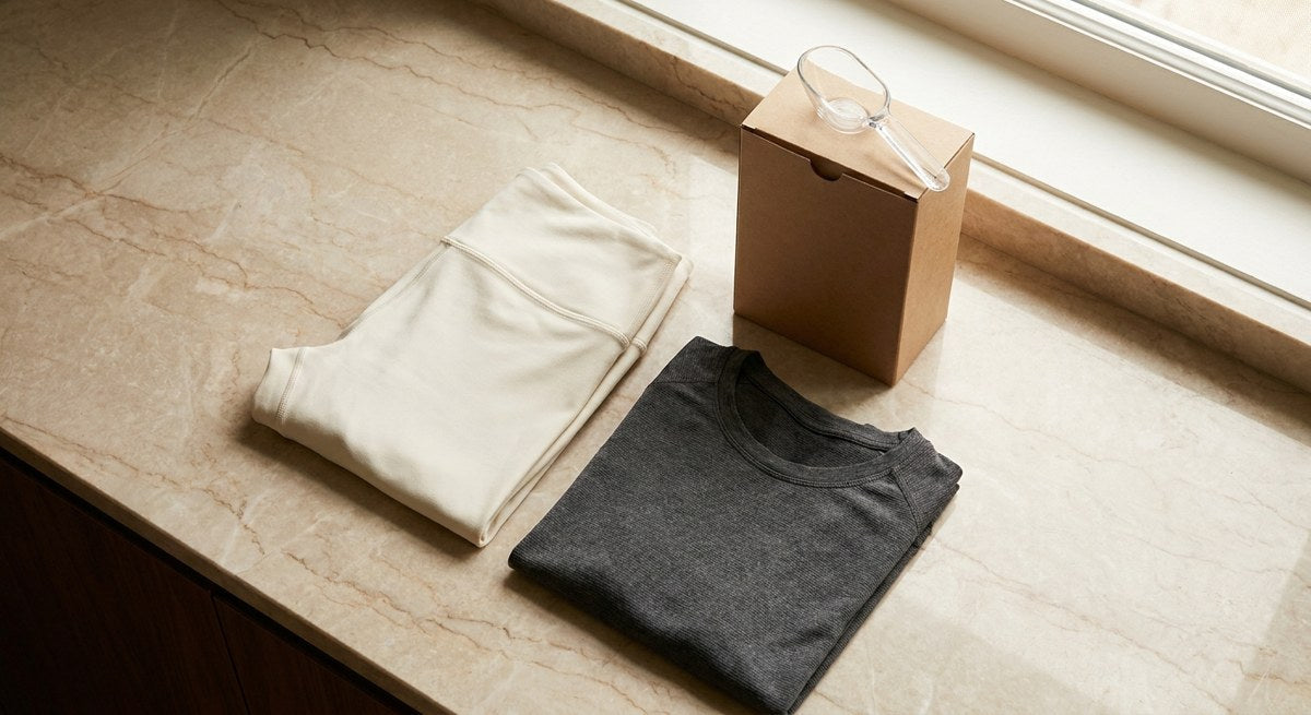 Editorial flat lay of folded athletic wear and a kraft laundry powder box on warm marble