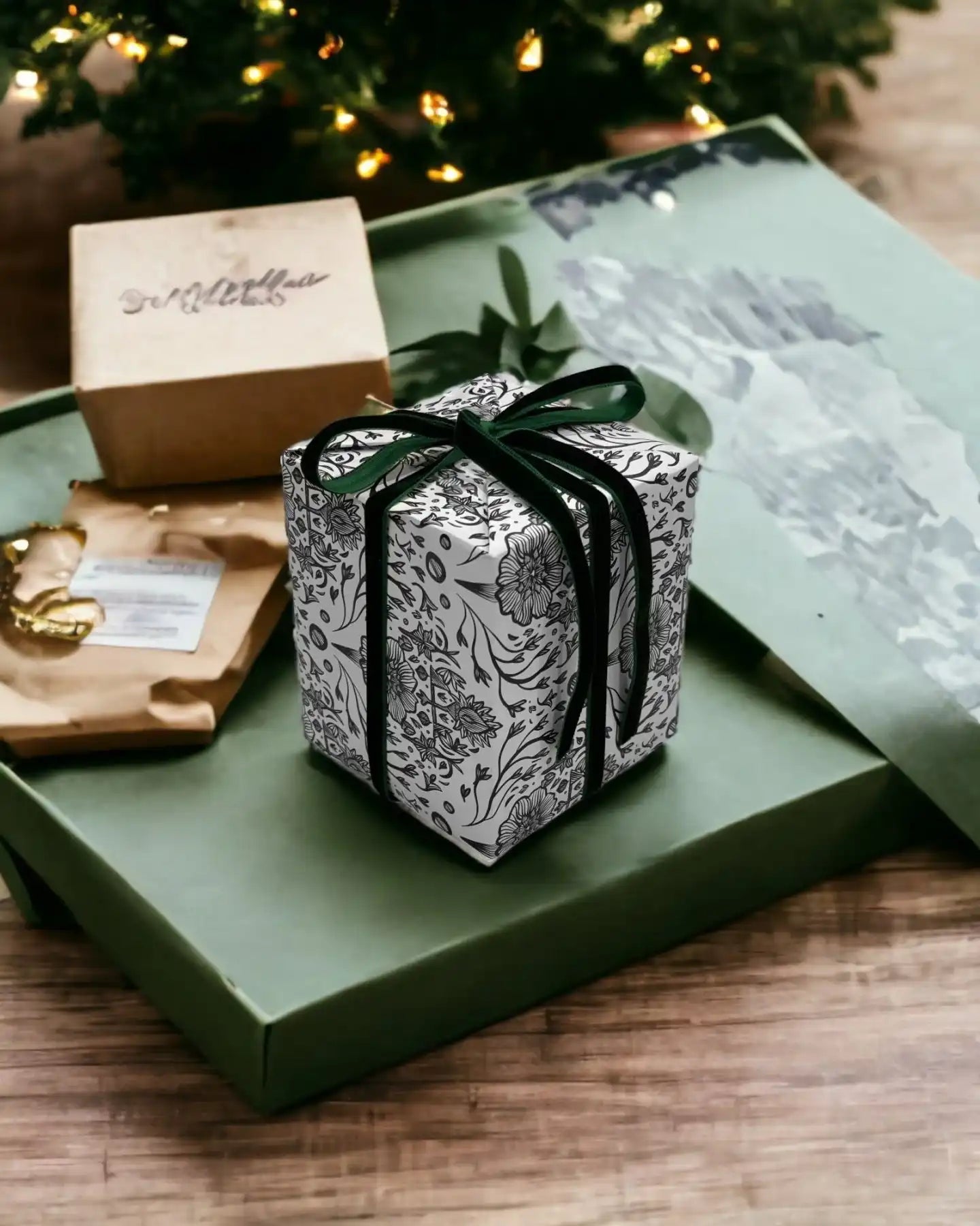 Beautifully wrapped gift boxes with nature-inspired designs under a lit tree, AEMBR holiday decor