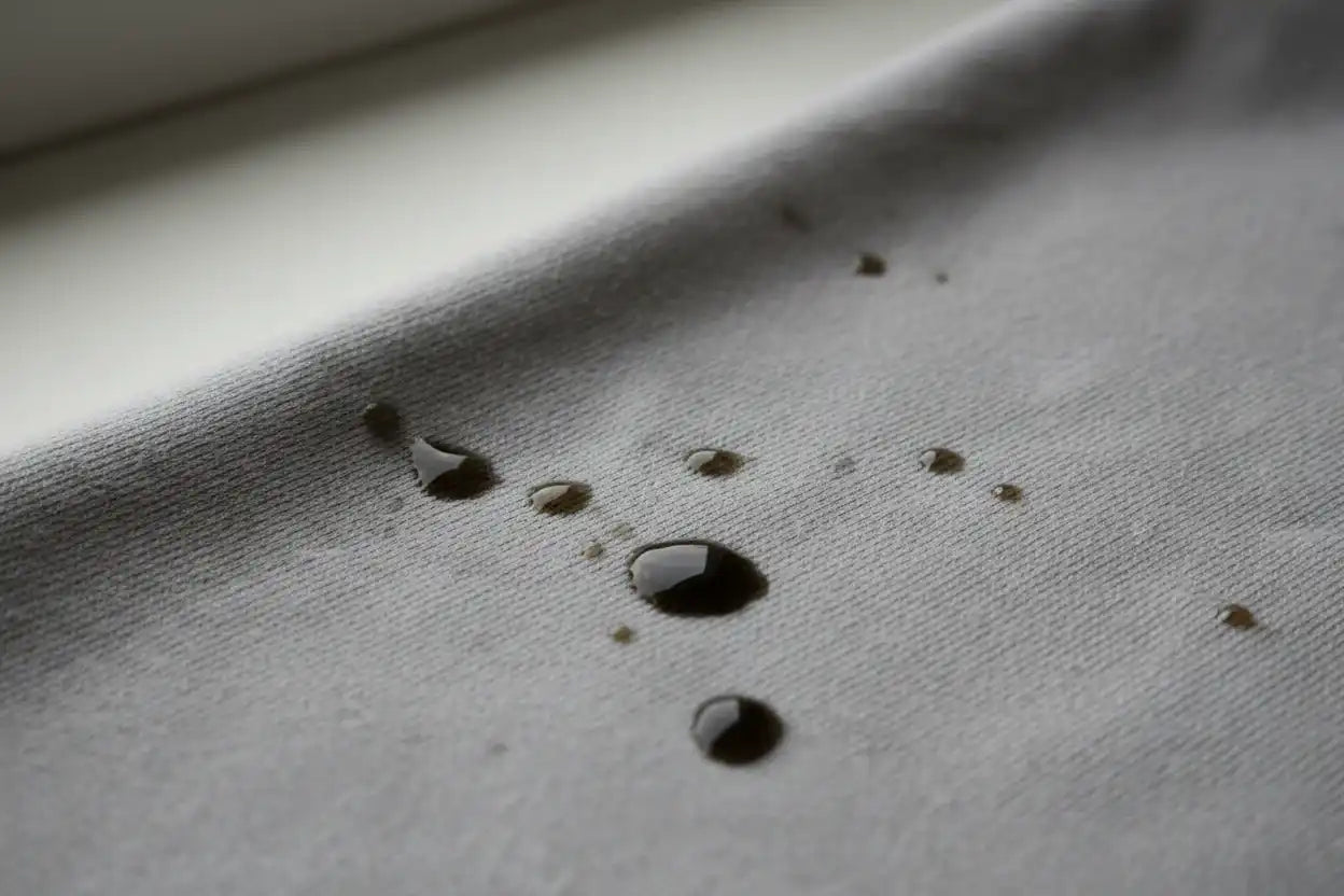 Oil stains on a light grey sweatshirt fabric, ideal for AEMBR non-toxic detergent SEO