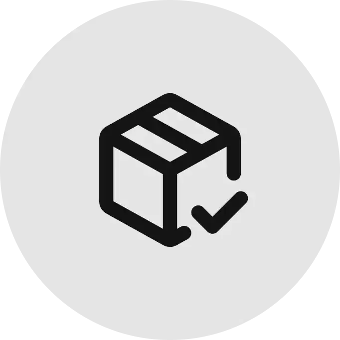 AEMBR package delivery icon, black outlined box with checkmark on light gray circle