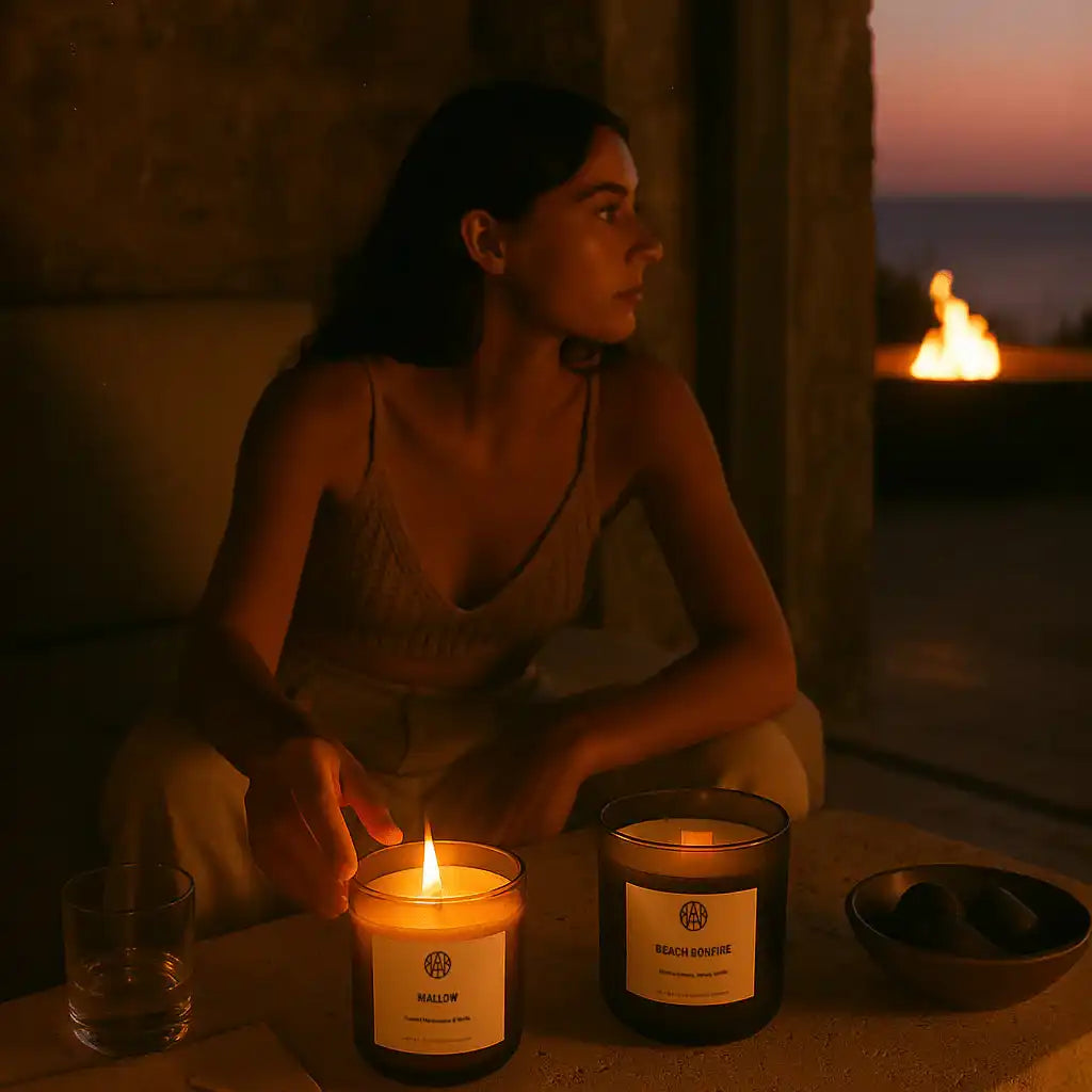 Woman lighting non-toxic candle indoors at sunset, eco-friendly candle and Beach Bonfire scent on table