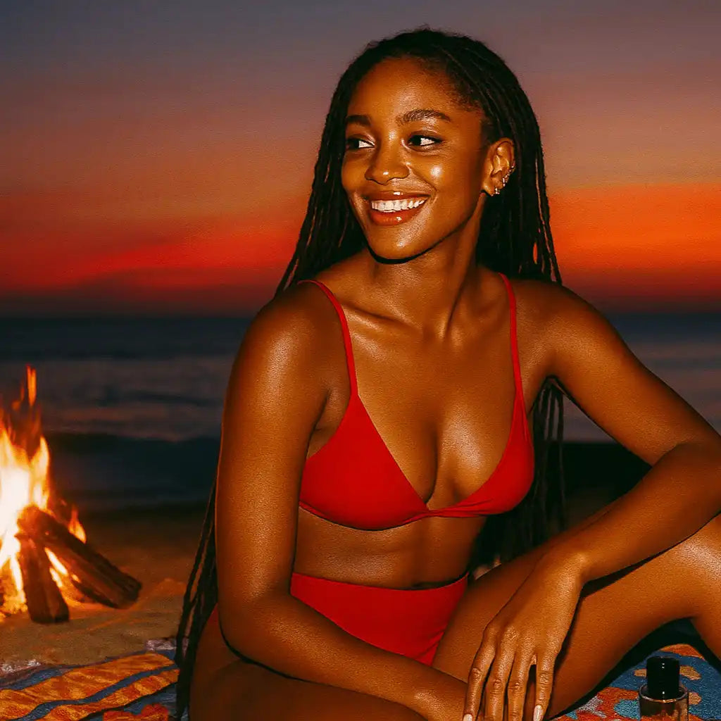 Woman in red bikini sitting by beach bonfire at sunset, smiling, with vibrant sky and ocean.