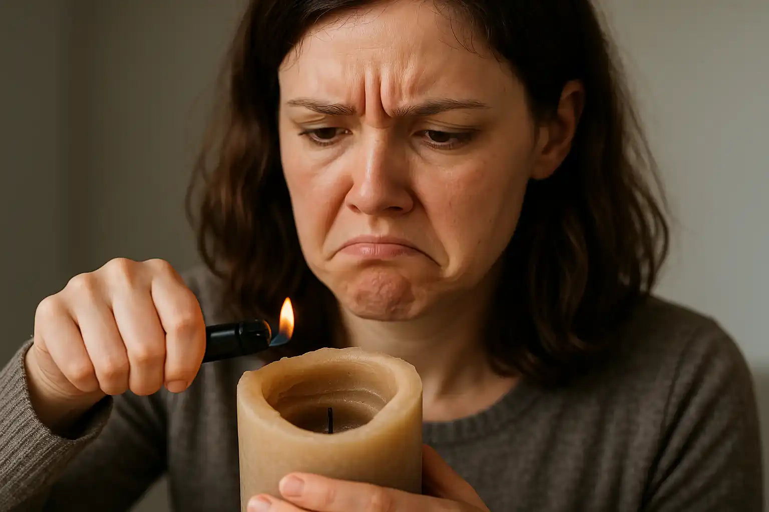 Woman frowning while lighting a tunneling candle, home setting, AEMBR non-toxic focus