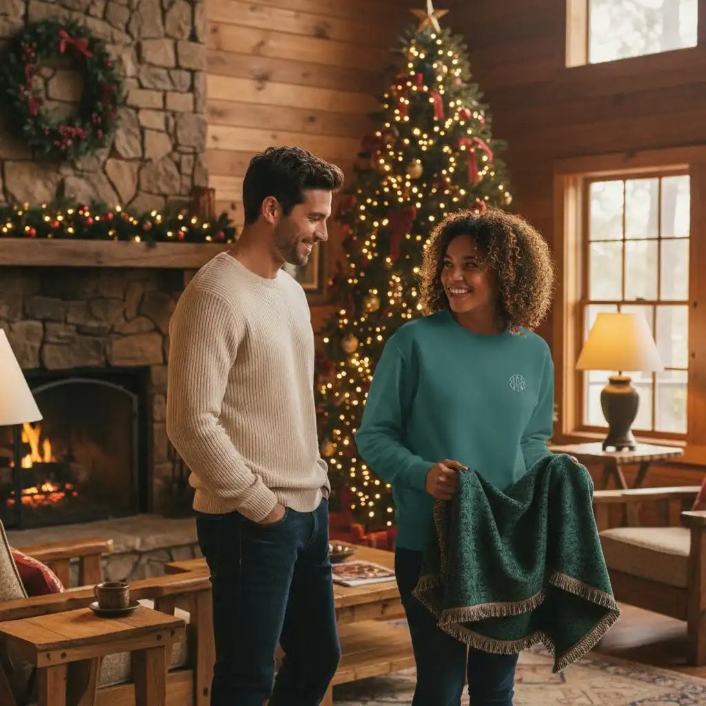 Couple smiling in cozy cabin with Christmas tree, fireplace, and holiday decor, AEMBR home
