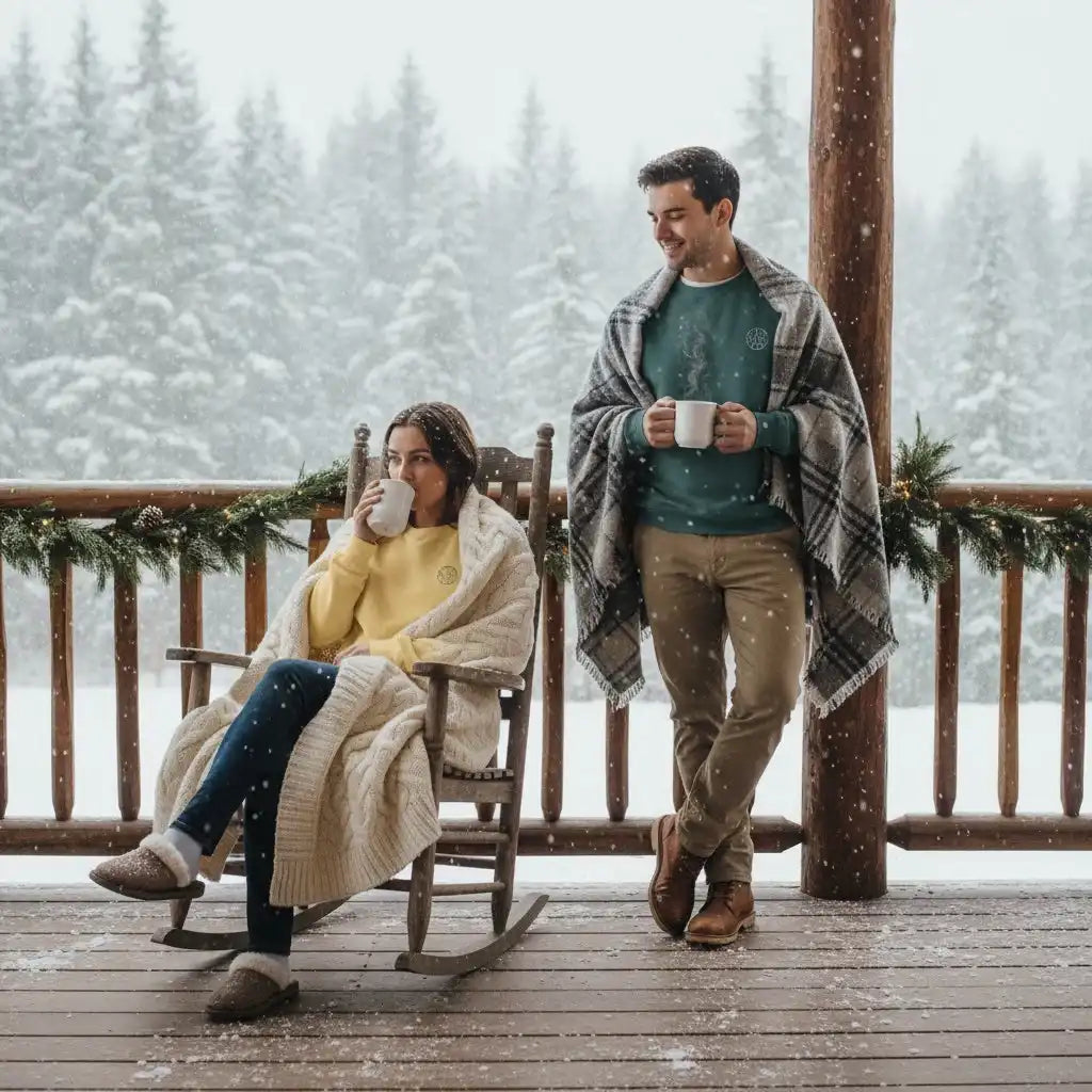 Couple enjoying hot drinks on snowy porch with evergreen garland, cozy winter scene