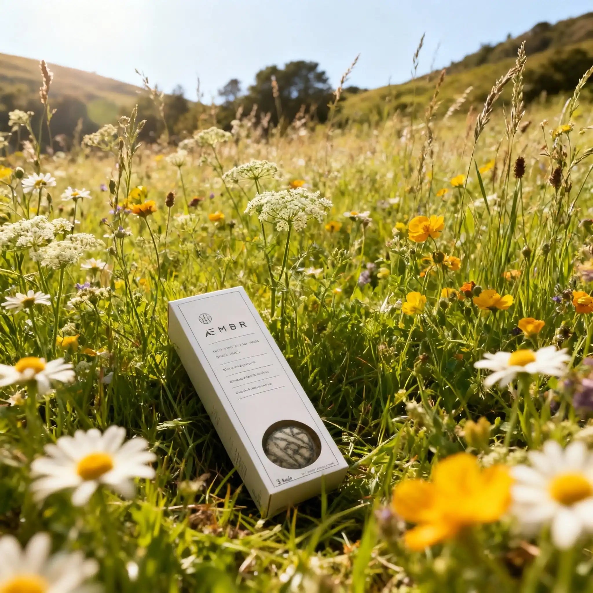 AEMBR non-toxic product box on wildflower meadow in sunlight, natural eco-friendly setting