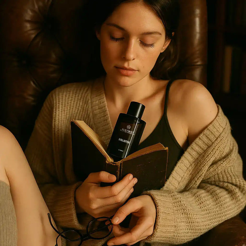 Woman reading in cozy chair holding AEMBR ALKYMIST BIBLIOTEK candle bottle and book