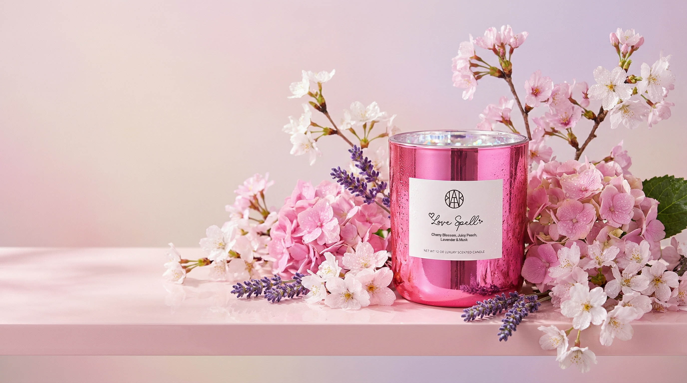 AEMBR Love Spell pink candle, wax melts, and matches on pink satin with heart balloons.