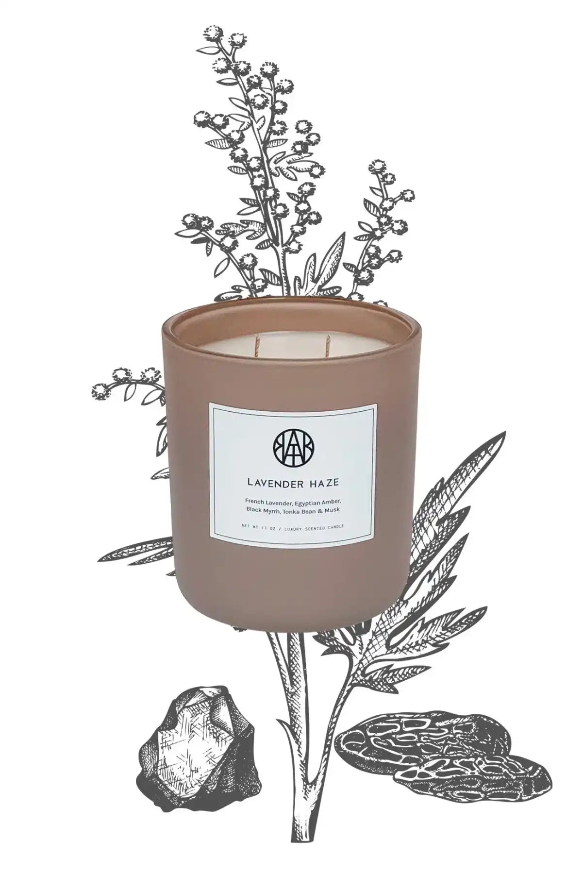 AEMBR Lavender Haze non-toxic candle in brown jar with botanical and mineral illustrations