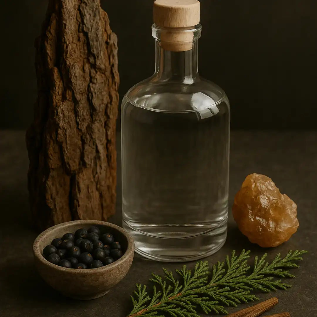 Clear glass gin bottle with wooden cap, surrounded by cypress, juniper berries, bark, and resin.
