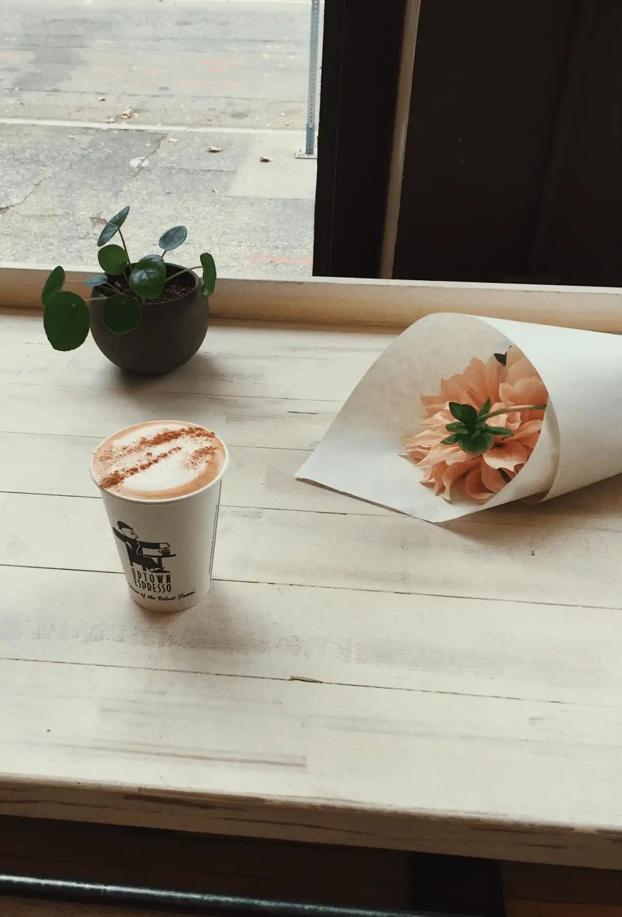 Minimalist coffee shop table with potted plant, cappuccino, and peach bouquet on wood surface