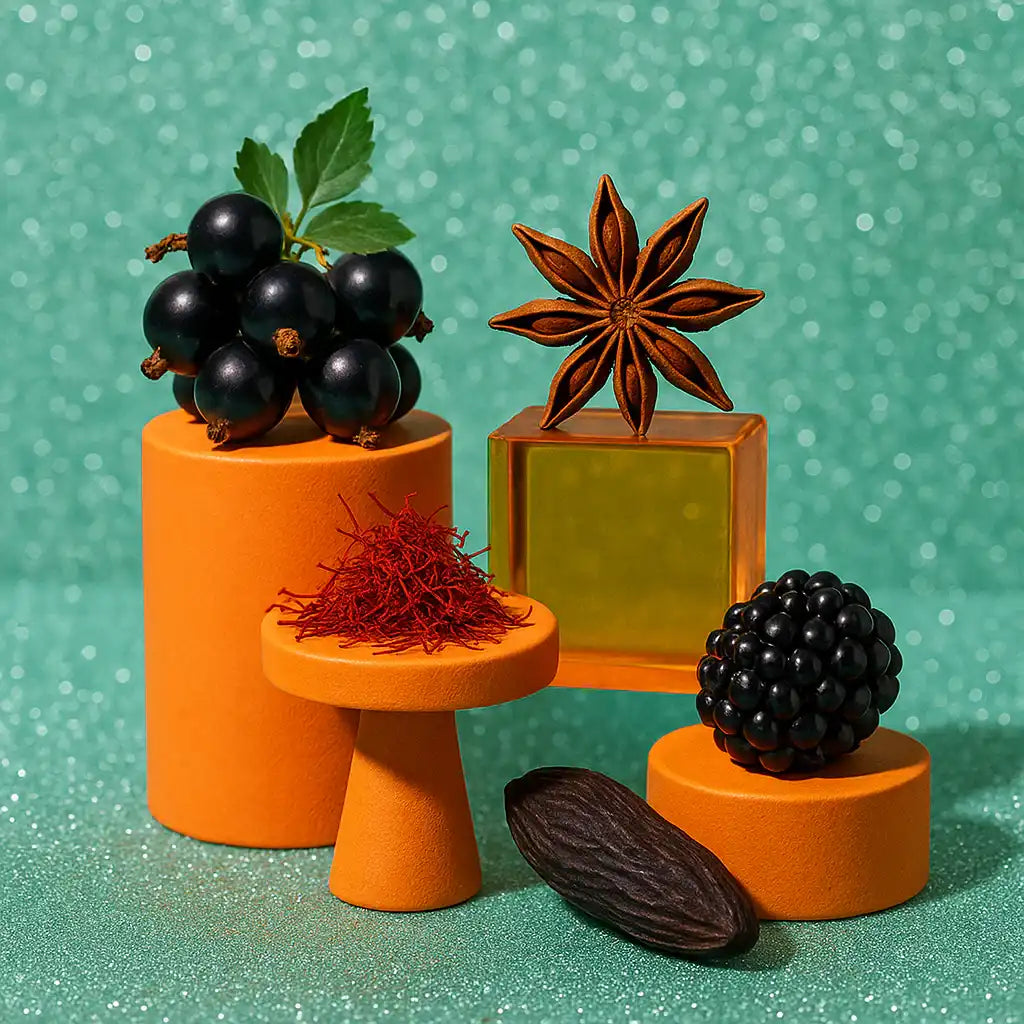 Black currants, star anise, saffron, blackberry, and tonka bean on orange stands with a green background, representing AEMBR non-toxic home fragrance ingredients.