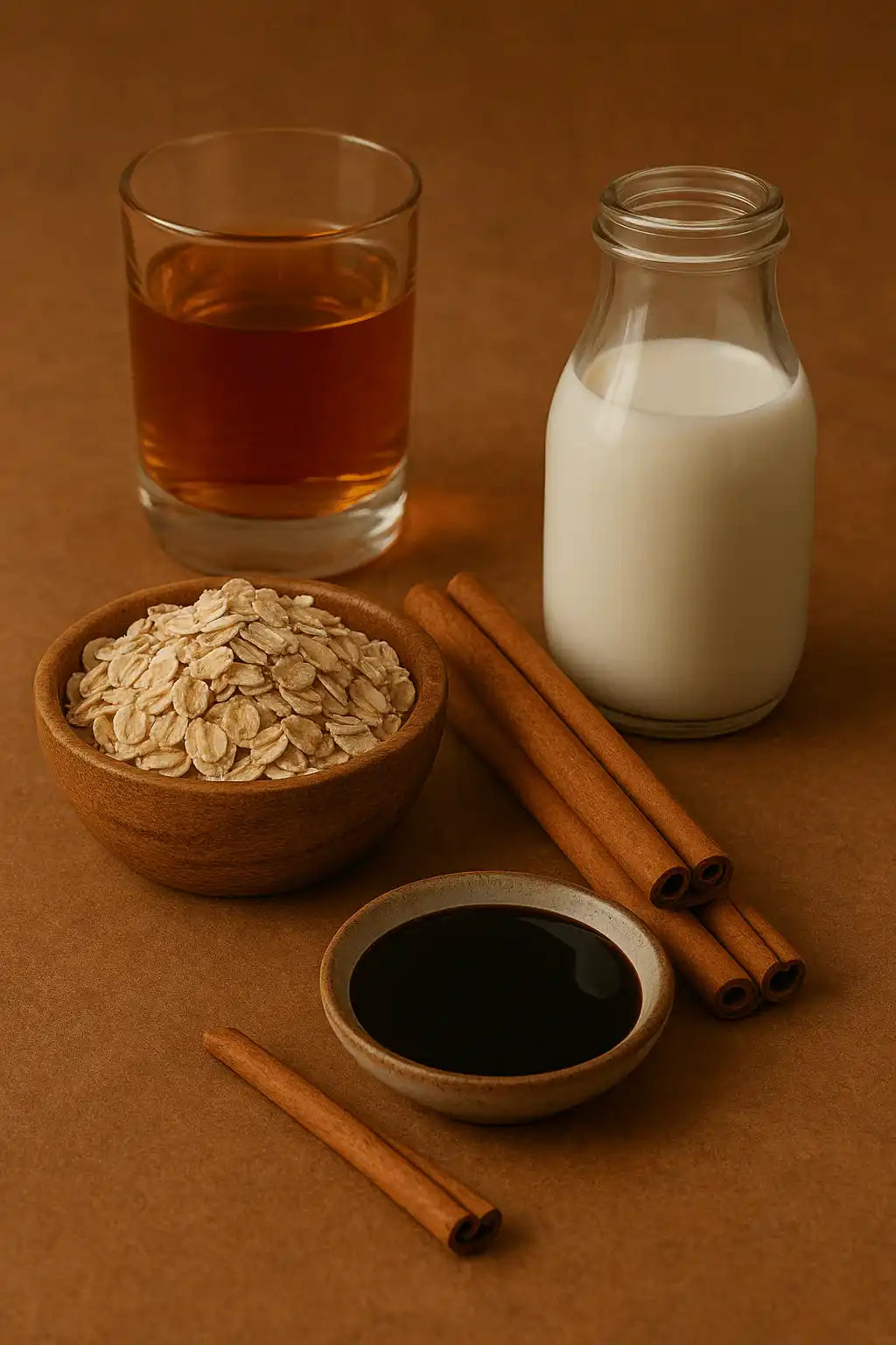 Spiced oat milk ingredients with oats, cinnamon sticks, milk, syrup, and amber liquid on brown background