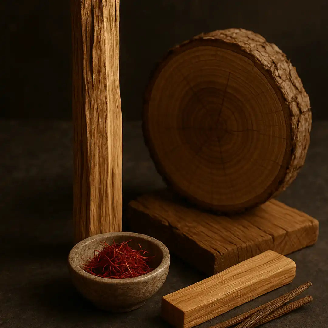 Natural wood blocks and saffron in a bowl, rustic setting, AEMBR non-toxic home fragrance