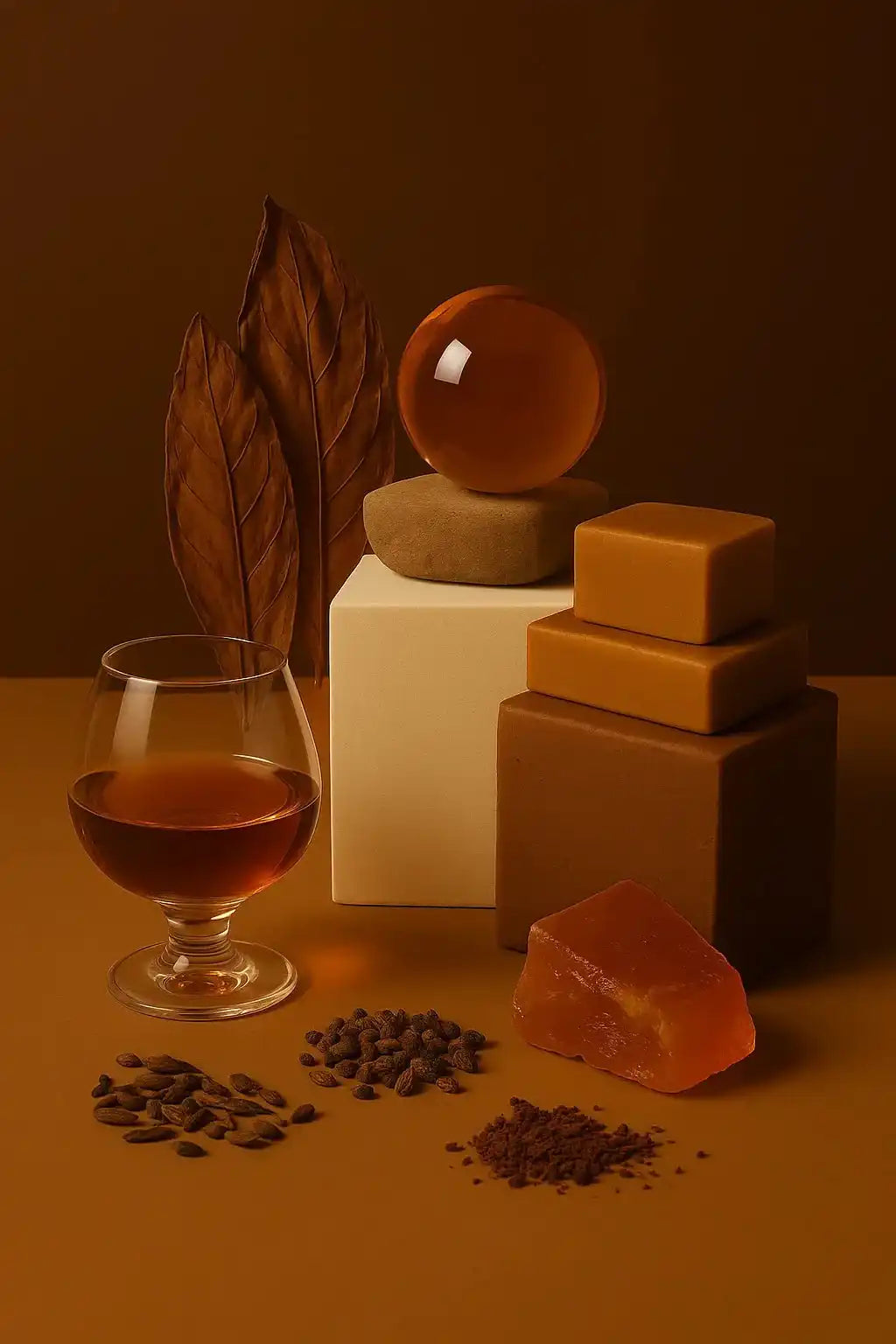 AEMBR vanilla-scented candle scene with amber glass, cocoa beans, caramel cubes, and warm brown tones