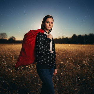 Person holding a red cape in a field at sunset