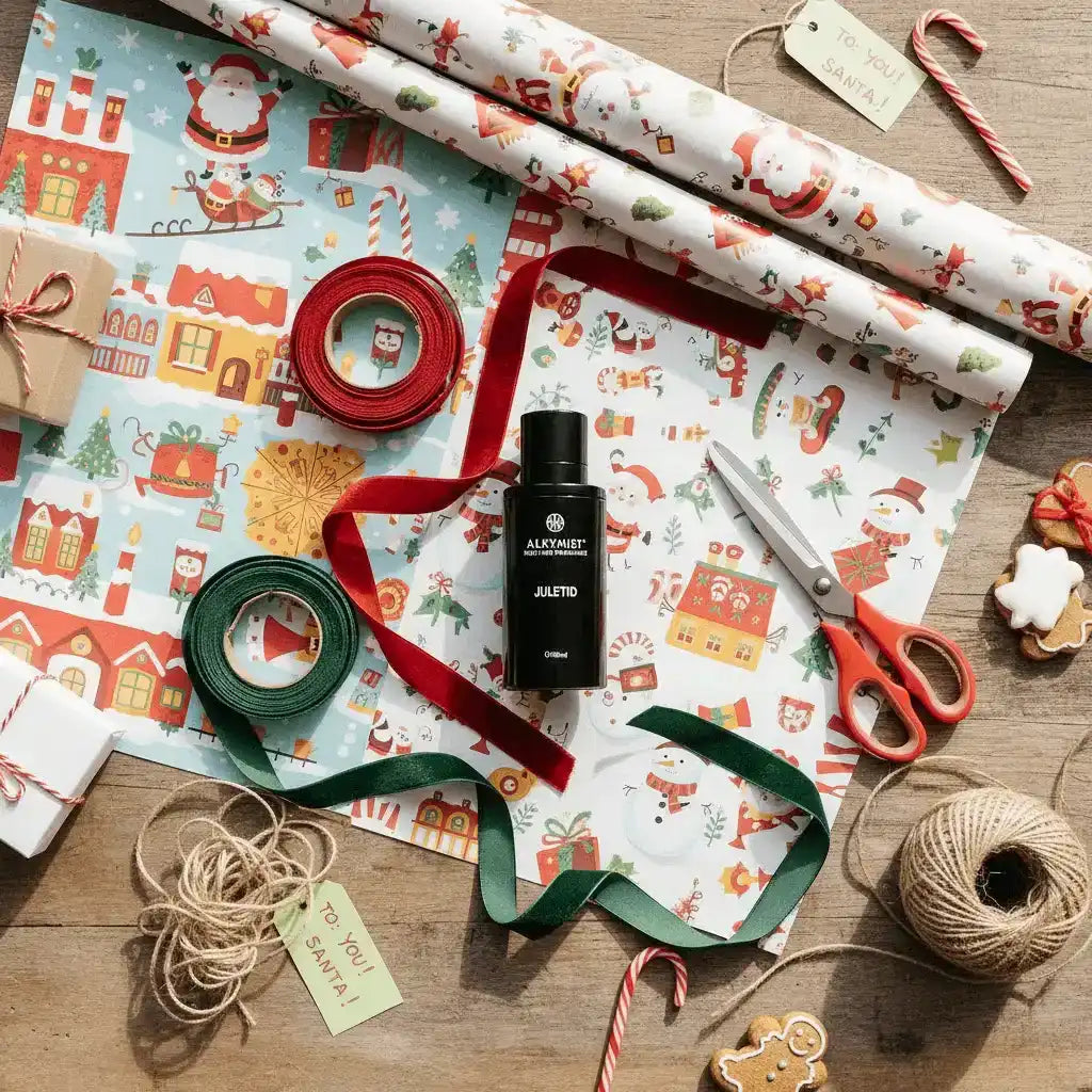 AEMBR non-toxic holiday gift wrapping scene with festive paper, ribbons, and eco-friendly products.