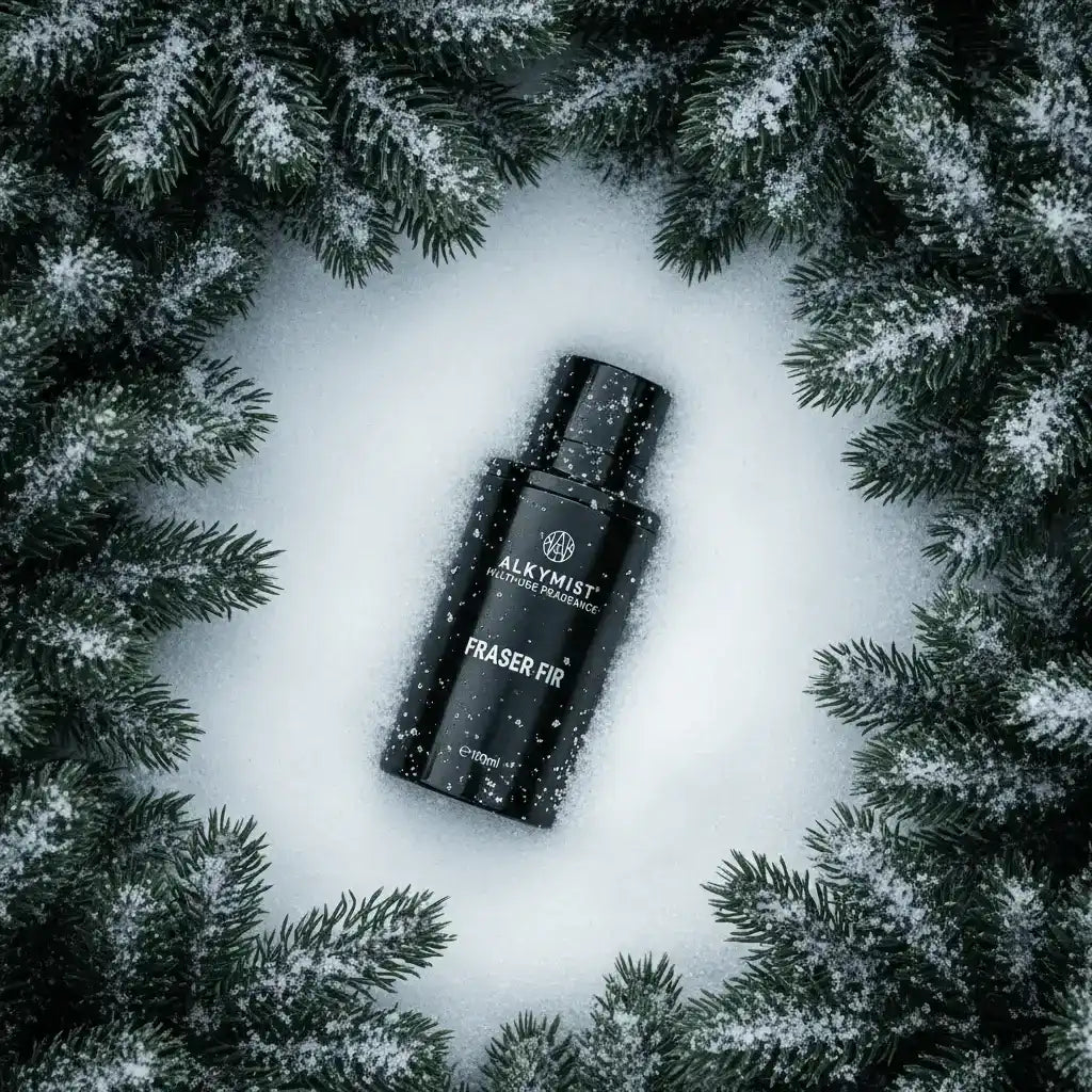 AEMBR AlkyMist Fraser Fir room spray bottle on snow, surrounded by frosted pine branches.