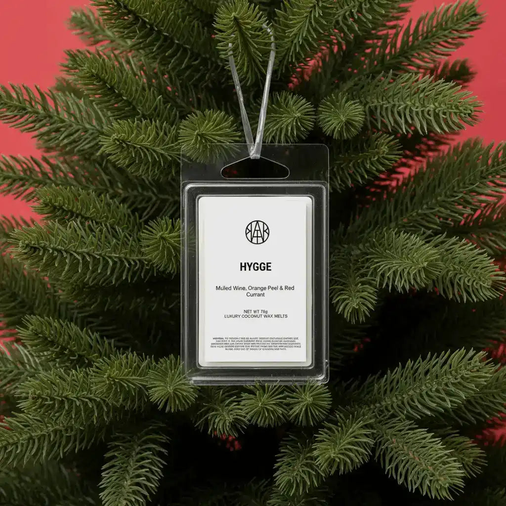 AEMBR Hygge luxury coconut wax melts hanging on a pine tree with festive background