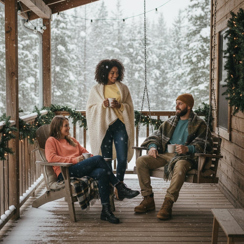 Three people on a snowy porch with Christmas decorations