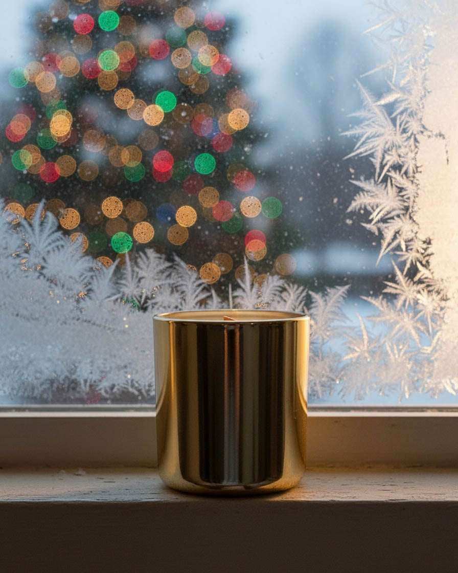 AEMBR gold candle on frosted window sill with colorful holiday lights in background