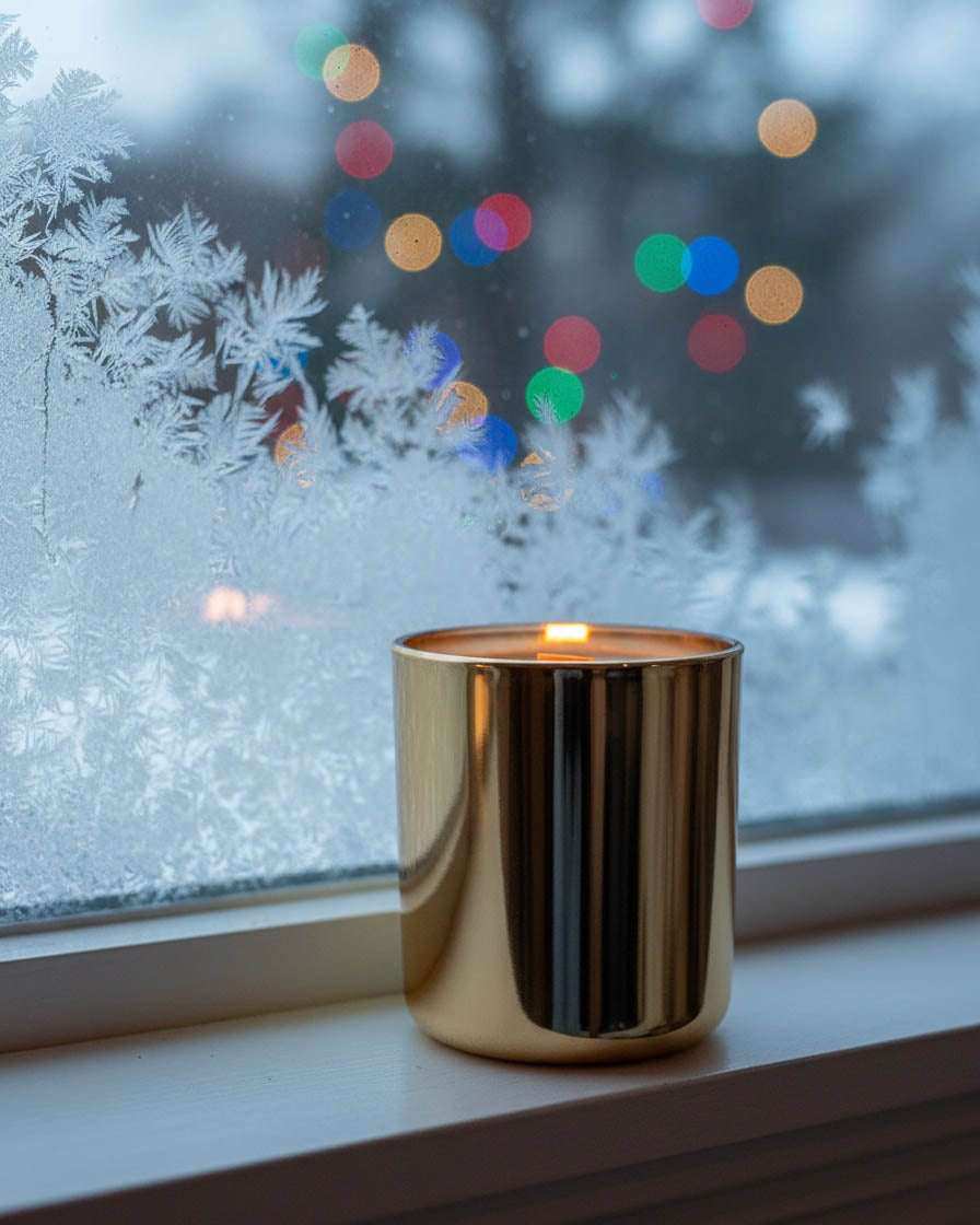 AEMBR gold candle on frosted windowsill with holiday lights, home decor inspiration