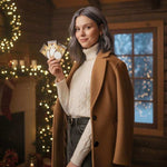 Woman holding scent card products in a cozy indoor setting with Christmas decorations.
