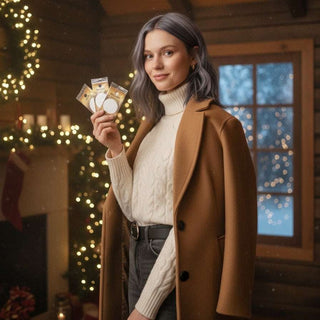 Woman holding scent card products in a cozy indoor setting with Christmas decorations.