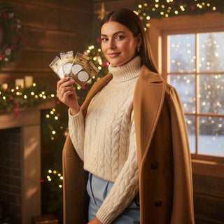 Woman holding a product package in a cozy indoor setting with Christmas decorations.