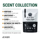 AEMBR Laundry Powder scent collection: Heritage, Aristocrat, Fjord, Between the Sheets, Unscented — non-toxic luxury detergent