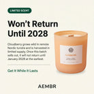 AEMBR Cloudberry Candle with a glass jar and lit wick, emitting a warm, cozy glow.