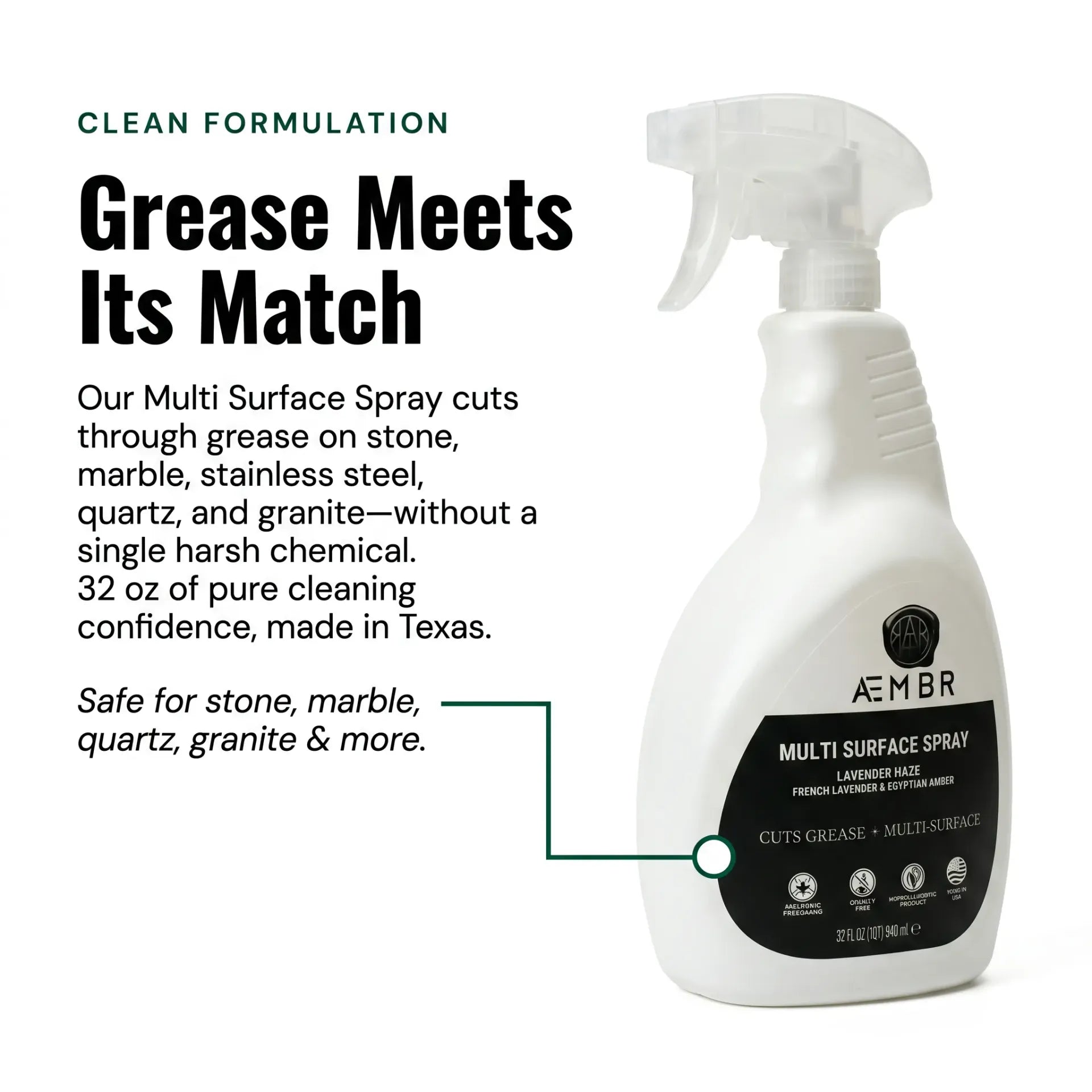 AEMBR Multi Surface Spray editorial 3/4 view — cuts grease on stone marble quartz granite stainless steel, no harsh chemicals, 32 oz made in Texas