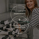 Smiling woman in striped shirt stocking AEMBR non-toxic detergent packs on metal shelves, text overlay highlights 5 simple ingredients and developed by a physician mom.