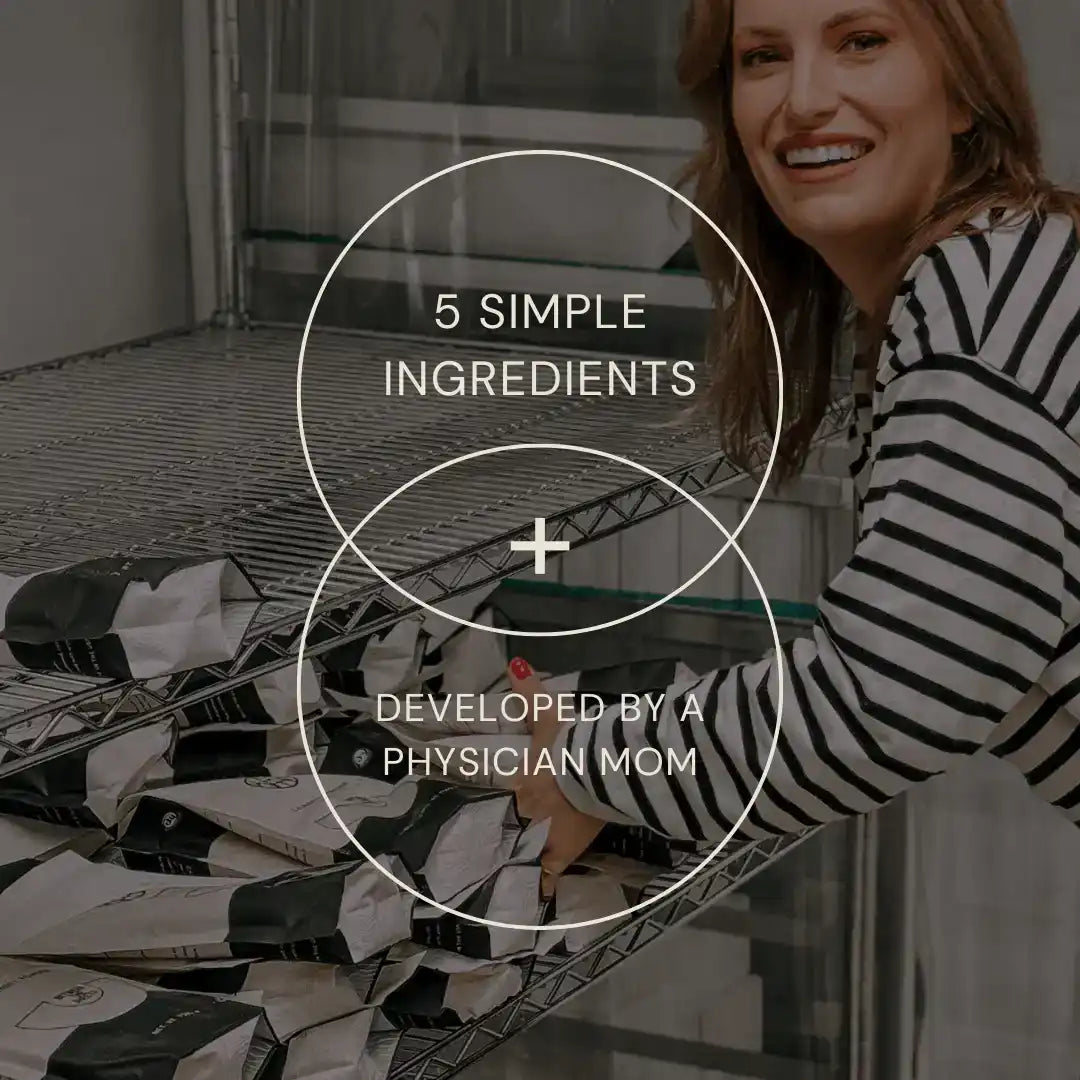 AEMBR founder stocking non-toxic detergent bags on metal shelf, overlay text highlights 5 simple ingredients, developed by a physician mom.