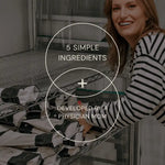 Smiling woman in striped shirt stocking AEMBR non-toxic detergent bags on metal shelf, overlay text '5 simple ingredients, developed by a physician mom'.