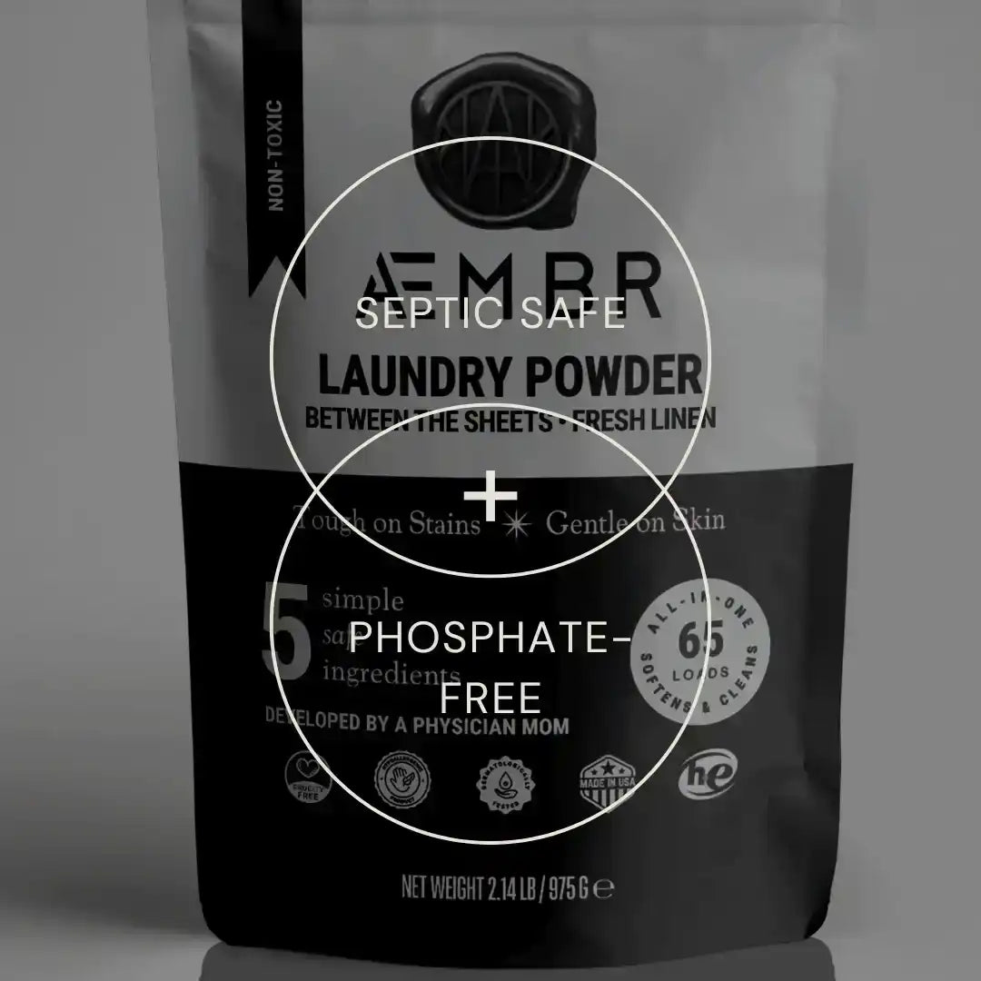 AEMBR non-toxic laundry powder packaging with septic safe and phosphate-free labels
