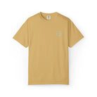 AEMBR camel beige T-shirt with small white logo on chest, flat lay on white background