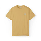 Beige short sleeve t-shirt with small circular logo on left chest, non-toxic fabric.