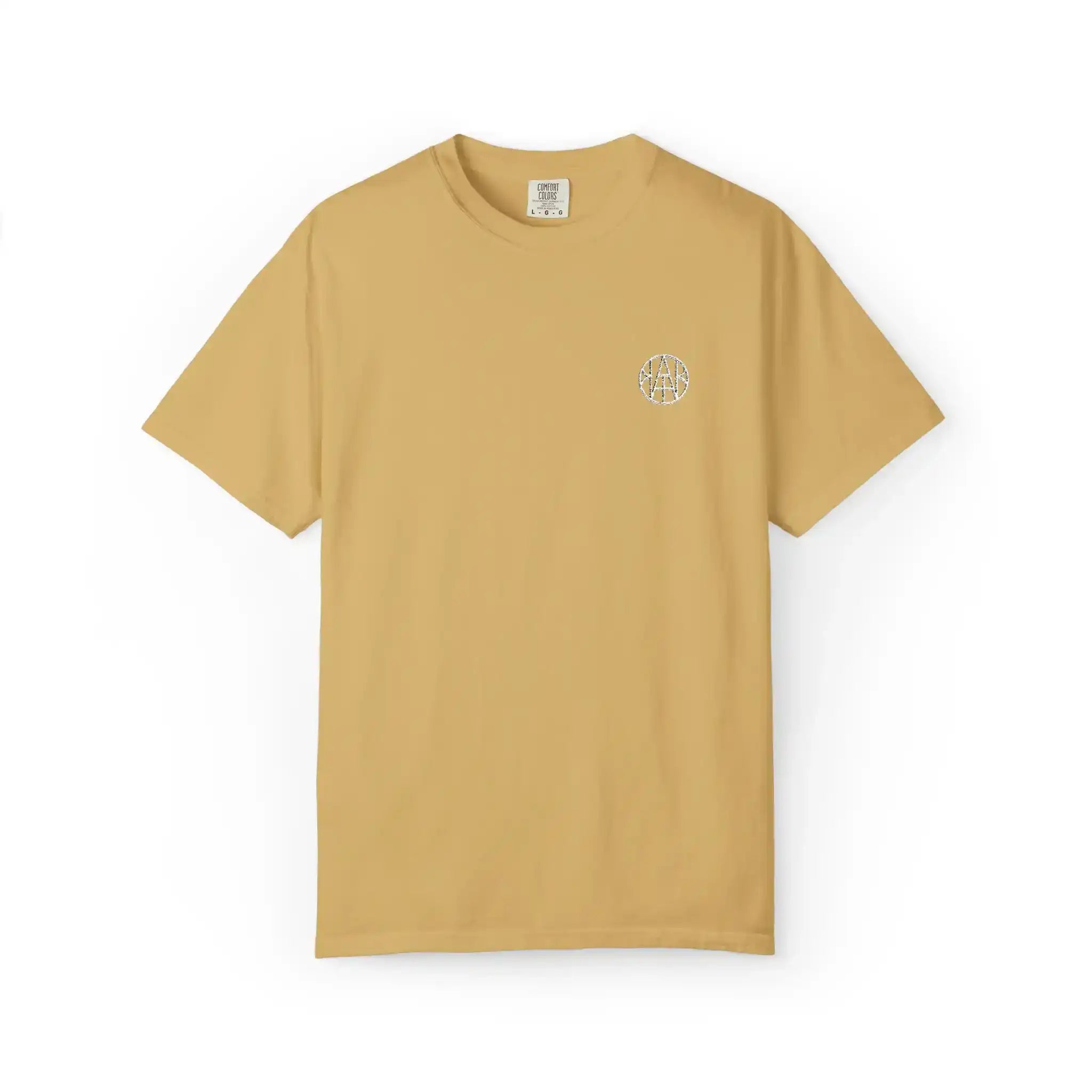 AEMBR camel beige T-shirt with small white logo on chest, flat lay on white background