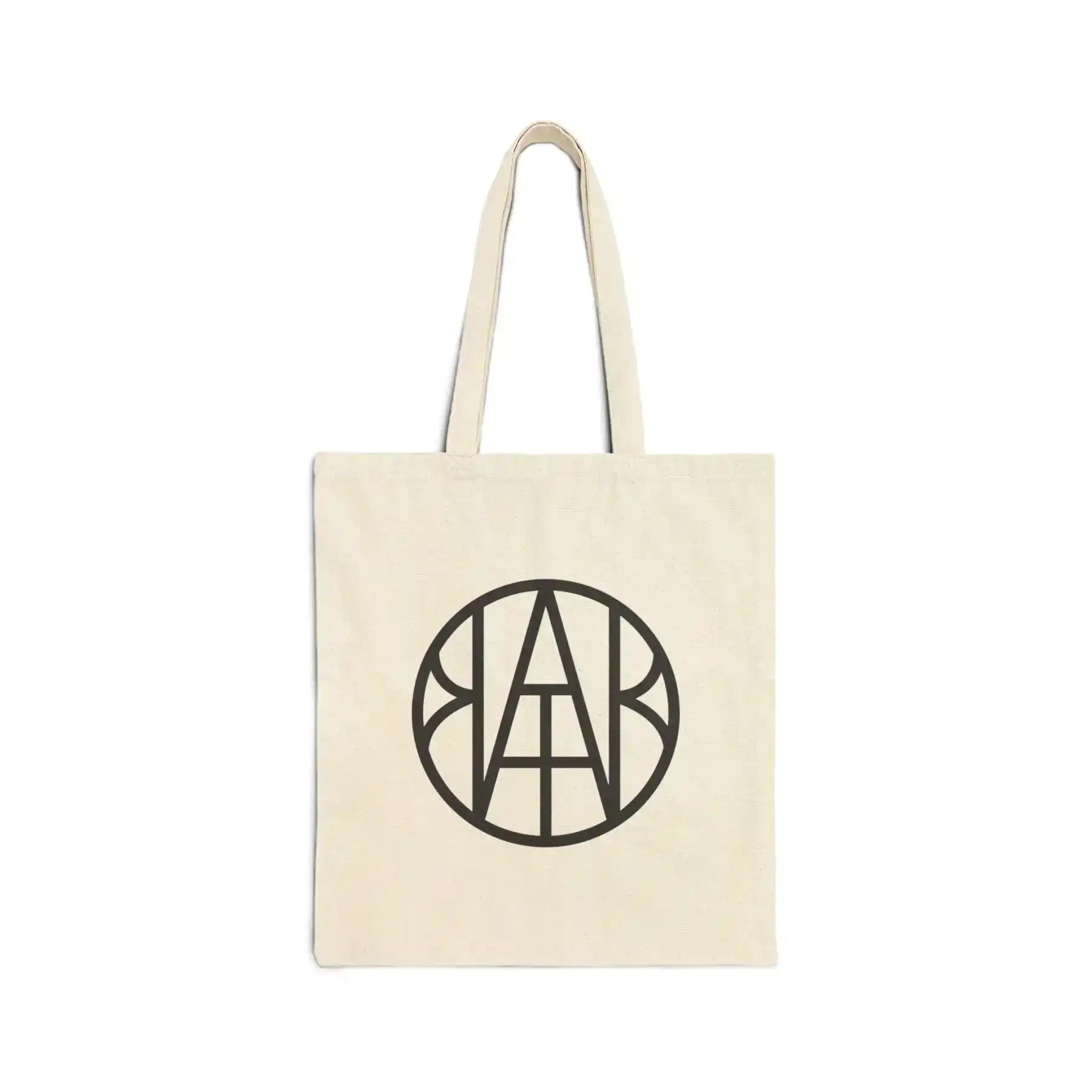 AEMBR cream canvas tote bag with black circular logo on white background