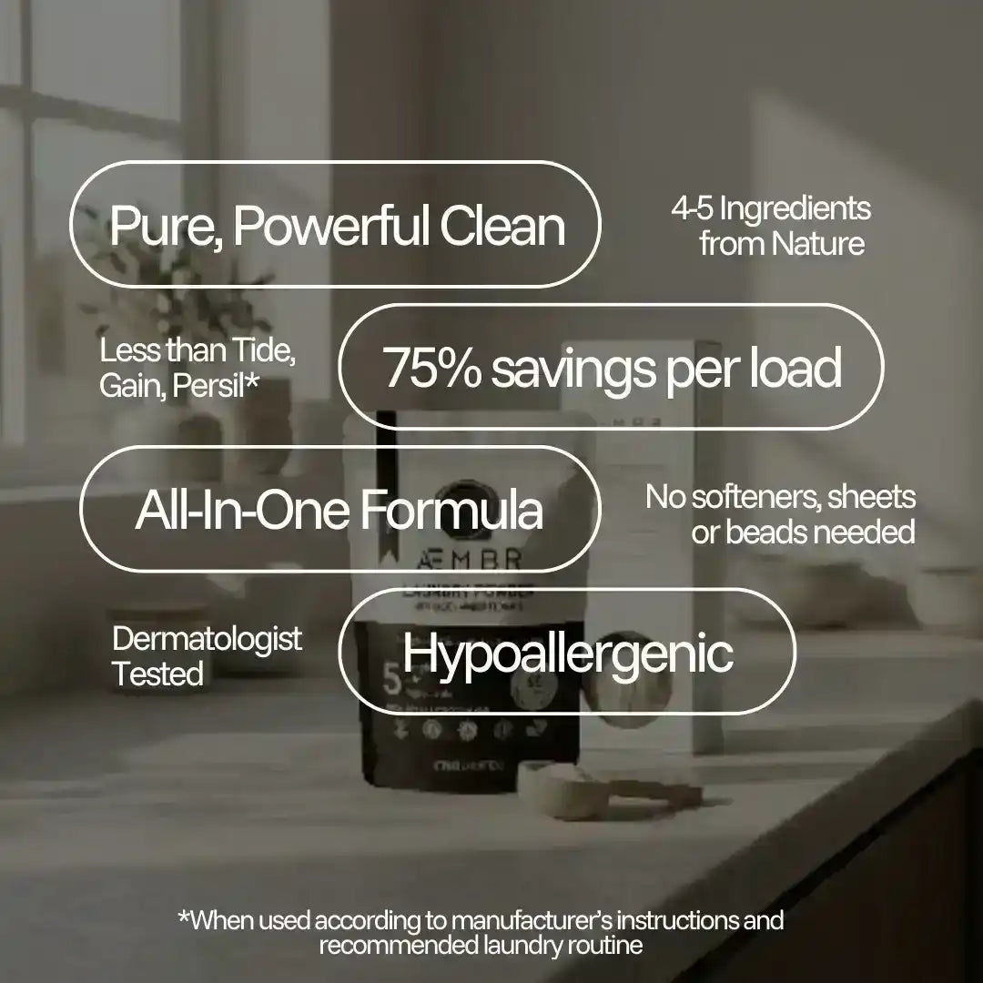 AEMBR non-toxic detergent packaging on countertop with hypoallergenic, all-in-one, pure clean claims.