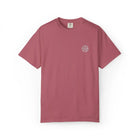 Dusty rose organic cotton t-shirt with small white logo on chest, sustainable clothing