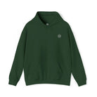 AEMBR dark green hoodie with white logo on chest, simple eco-friendly sweatshirt.