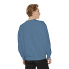 AEMBR blue unisex sweatshirt, back view, worn by model, simple and casual style
