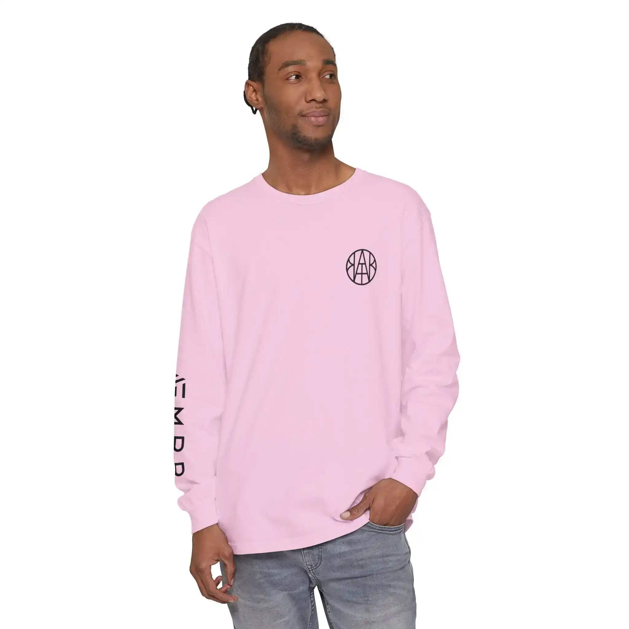 Man wearing light pink AEMBR logo long-sleeve shirt with brand name on sleeve, white background