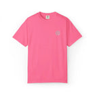 Bright pink cotton t-shirt with small white circular logo on chest, short sleeves, plain background